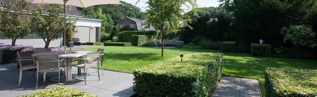 Luxe achtertuin met gazon en terras